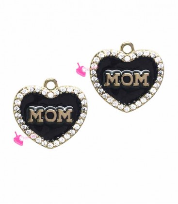 Ciondolo Cuore Mom 14 mm Smaltato Nero con Zirconi Bianchi